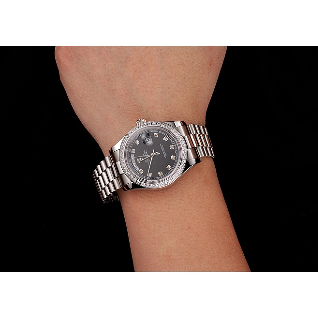 MiroTime 0818 Swiss Rolex Day-Date Black Dial Diamond Case Diamond Numerals Stainless Steel Bracelet 1453965
